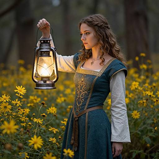 Photograph of a young woman with wavy brown hair, wearing a medieval-style blue dress with gold embroidery, holding a lit lantern in a forest field