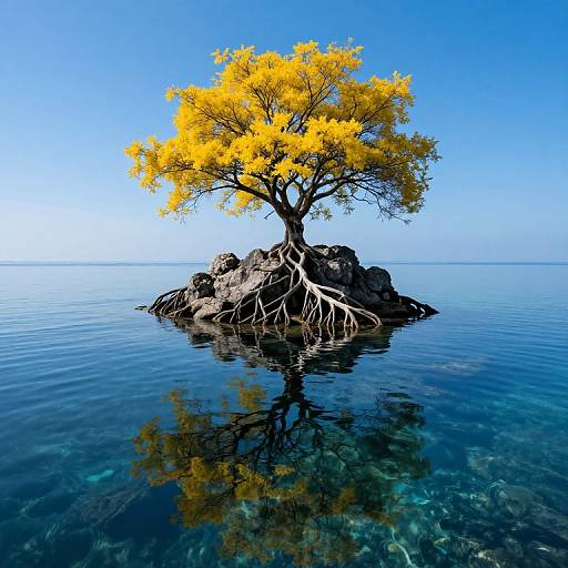 Photograph of a solitary tree with bright yellow leaves, rooted on a rocky island, floating in a calm, clear blue sea.