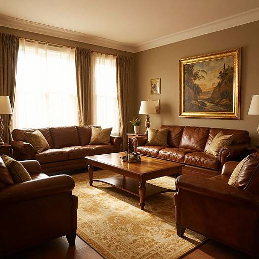 Cozy living room photo: brown leather sofas, patterned rug, wooden coffee table, framed landscape painting, two lamps, sunlight through curtained windows
