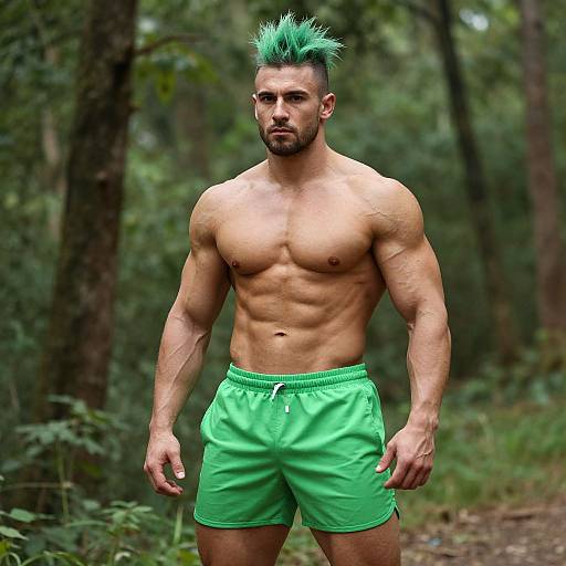 Muscular Man in Vibrant Forest Fitness