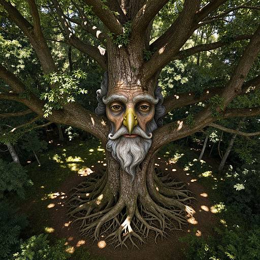 Photograph of a whimsical tree with a carved, human-like face featuring a yellow beak, white beard, and deep-set eyes, surrounded by