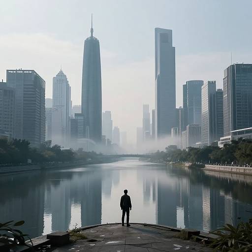 Photograph of a lone figure standing on a riverside path, facing a misty, reflective city skyline with tall skyscrapers.