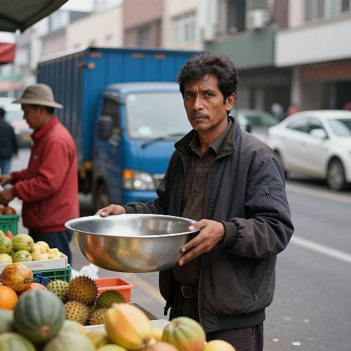 Man Holding Metal Bowl at Urban Market