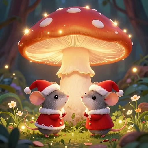 Cute digital illustration of two mice in Santa hats, standing under a glowing red and white-spotted mushroom in a magical forest.