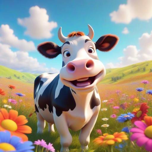 Cheerful Animated Cow in Vibrant Meadow
