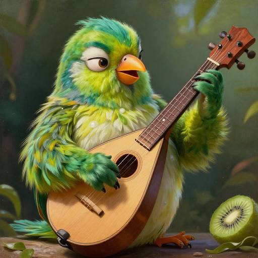 Colorful, fluffy parrot playing an acoustic guitar with a slice of kiwi fruit beside it in a lush, green forest background. Digital artwork.