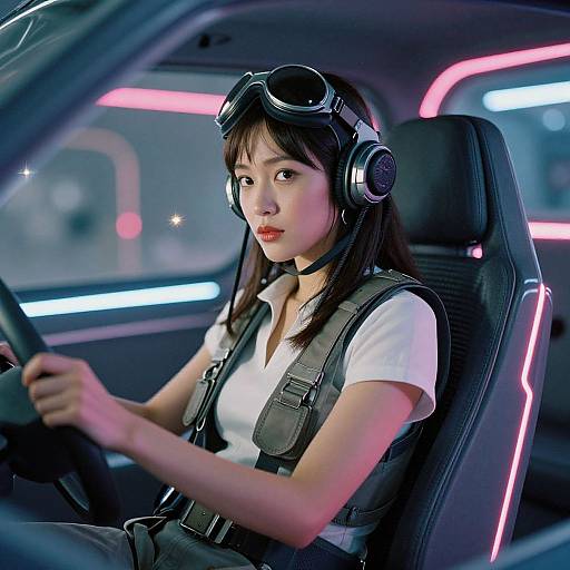 Photograph of an Asian woman with medium-length black hair, wearing aviator goggles, headphones, white shirt, and black tactical vest, driving at night