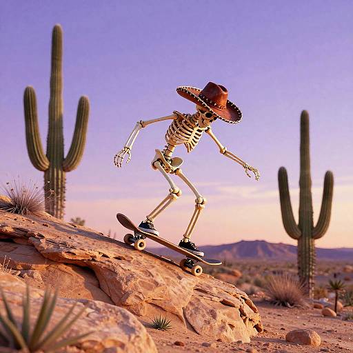 Skeleton Skateboarding Desert Sunset
