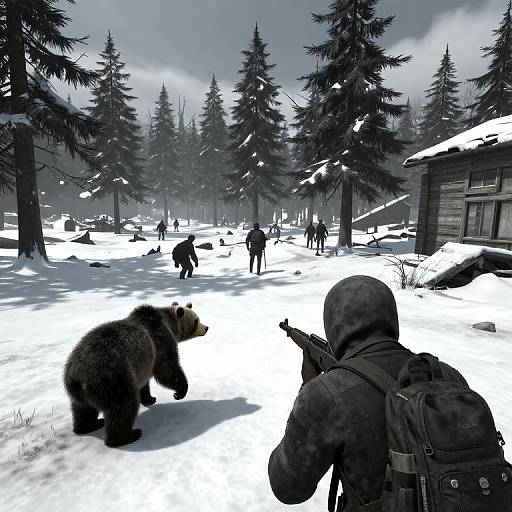 Snowy forest scene: soldier with rifle aims at bear, surrounded by other animals and people, tall trees, cabin on right. Digital artwork.