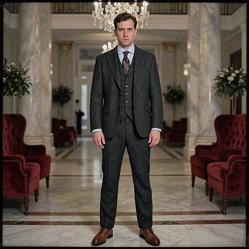 Photograph of a serious, handsome man in a dark, textured three-piece suit, white shirt, and brown tie, standing in an elegant marble foyer