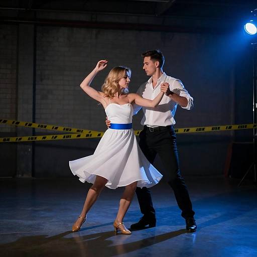 Industrial Warehouse Dance Under Blue Spotlight