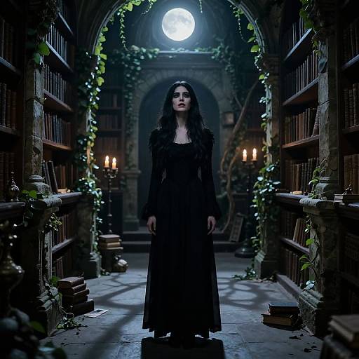 Melancholic Woman in Gothic Library