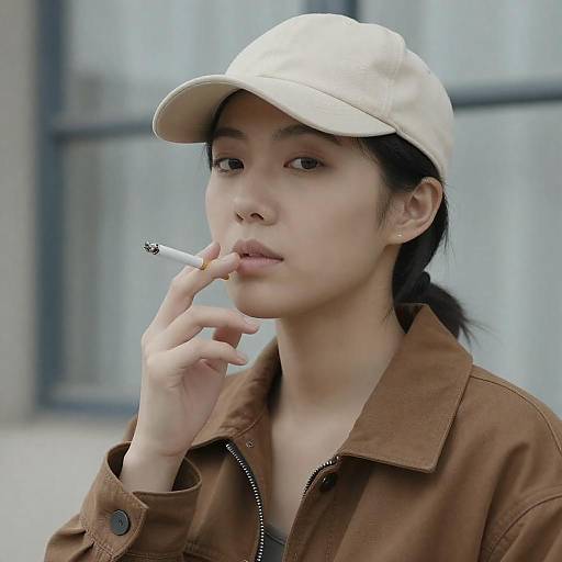 Asian Woman Smoking in Beige Cap