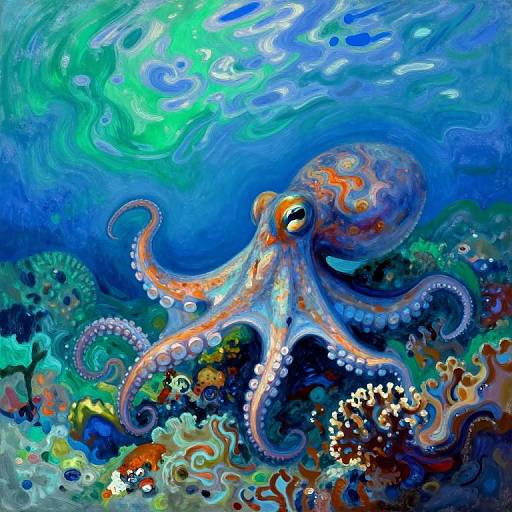 Vibrant digital painting of an orange and white octopus with swirling patterns, swimming amidst colorful coral reefs and blue-green ocean depths.