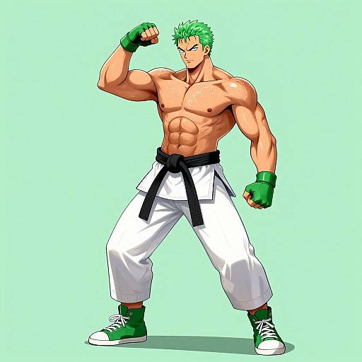 Muscular anime man with green hair, flexing arm, wearing white pants, black belt, green gloves, and green sneakers, on mint-green background