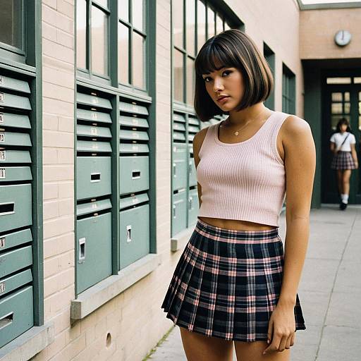 Woman in Pink Crop Top and Plaid Skirt