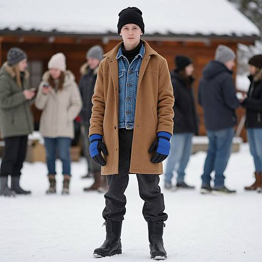 Photograph of a young man in a brown coat, blue gloves, black beanie, denim shirt, and black pants standing in snowy outdoor market,