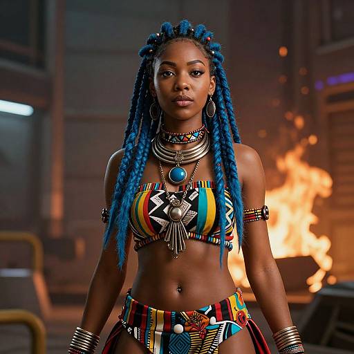Photograph of a confident Black woman with blue braided hair, wearing a colorful, tribal-patterned bikini, silver jewelry, and standing in front of