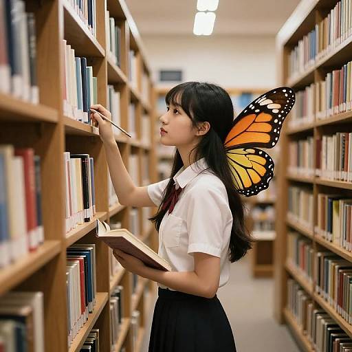 Photograph of an Asian woman with long black hair and large orange butterfly wings, wearing a white shirt and black skirt, browsing books in a brightly lit