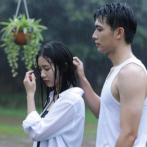 Couple Embracing the Rainstorm Together