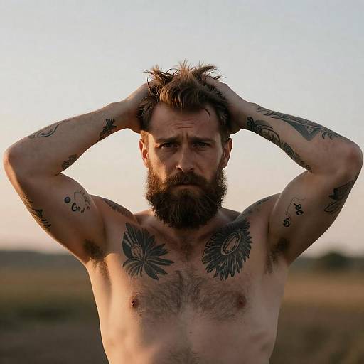 Bearded Shirtless Man with Tattoos at Sunset