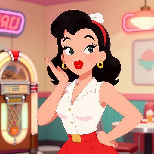 Cartoon-style illustration of a 1950s pin-up girl with black hair, red lipstick, white blouse, red skirt, and gold earrings,