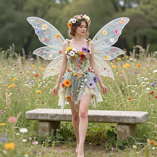 Woman in Floral Fairy Costume in Meadow