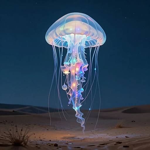 Photograph of a glowing, bioluminescent jellyfish with a translucent dome and colorful, trailing tentacles floating over a dark, sandy desert at