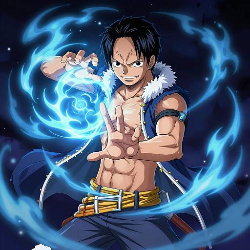 Digital anime drawing of a muscular man with black hair, blue jacket, and fur trim, conjuring blue fire, making a 