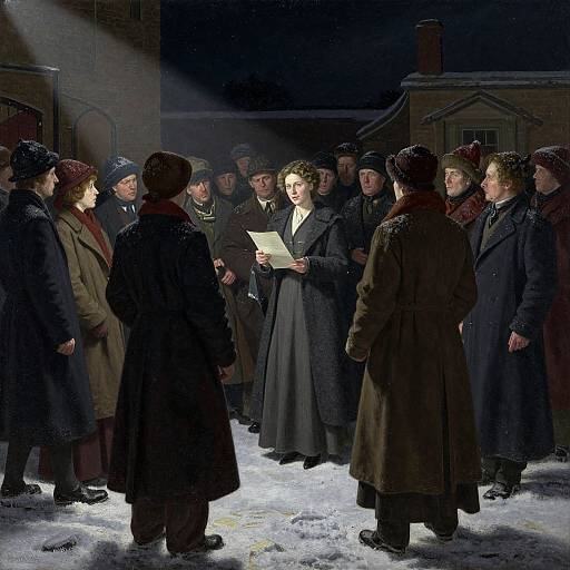 Photograph-style painting of a nighttime village gathering, illuminated by a spotlight, featuring villagers in winter coats and hats, listening to a woman holding a paper