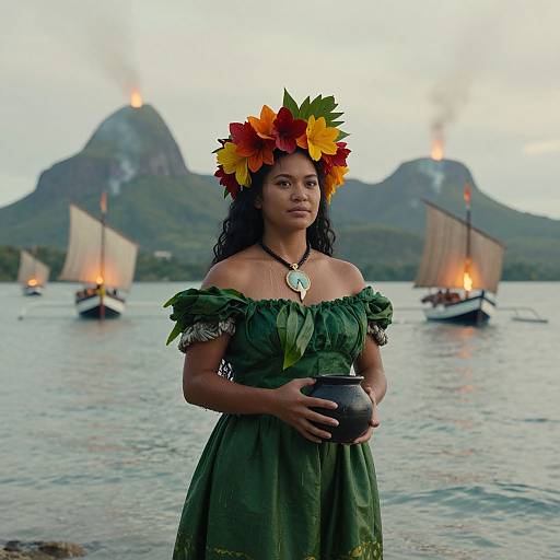 Photograph of a Polynesian woman with a flower crown, green dress, holding a bowl, standing on a beach with burning ships and mountains in