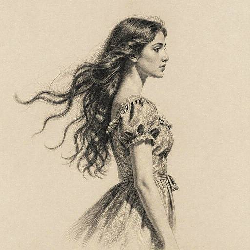 Sepia-toned pencil drawing of a young woman with long, wavy hair, wearing a detailed, puffed-sleeve dress, facing right