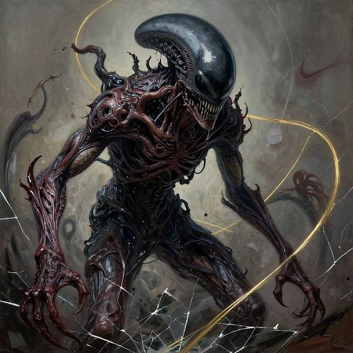 Digital painting of a menacing, black, alien creature with a glossy, elongated skull, twisted, muscular body, and glowing yellow energy trails, set