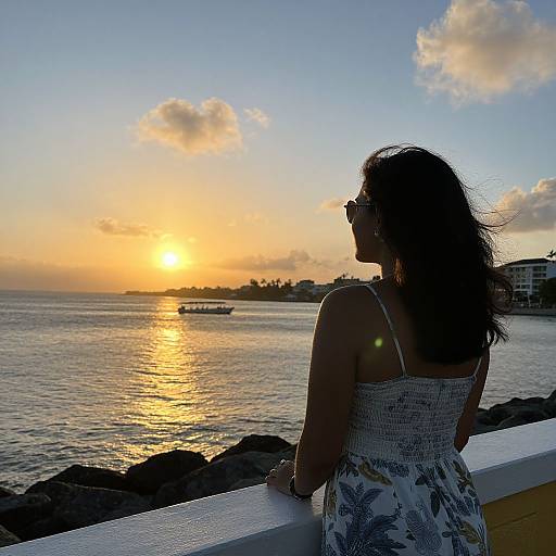 Photograph of a woman in a floral sundress, silhouetted against a vibrant sunset over a calm ocean, standing on a rocky pier.