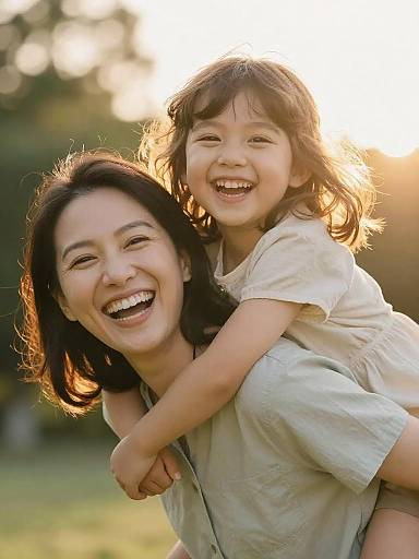 Joyful Mother Carrying Daughter Outdoors