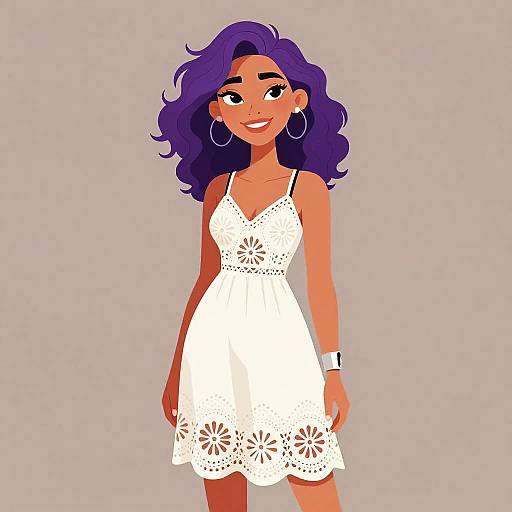 Digital illustration of a smiling woman with purple curly hair, wearing a white lace sleeveless dress, hoop earrings, and a white wristband.