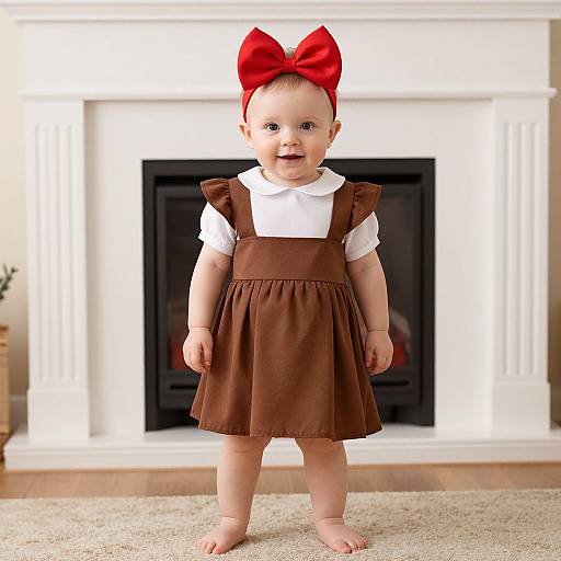 Photograph of a smiling baby girl with fair skin, wearing a brown pinafore dress, white shirt, and large red bow, standing in front