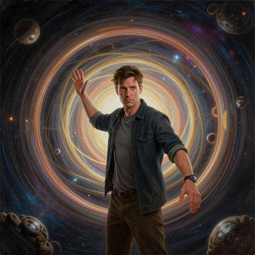 Photograph-style CGI of a serious, brown-haired man in a denim jacket and grey shirt, standing in a vibrant, swirling galaxy with planets. He