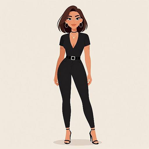Digital illustration of a confident woman with medium brown skin, black bob haircut, black V-neck jumpsuit, belt, and high heels.