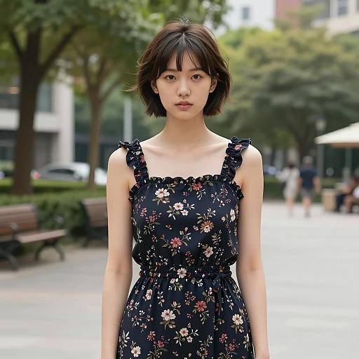 Young Woman in Floral Dress Outdoors