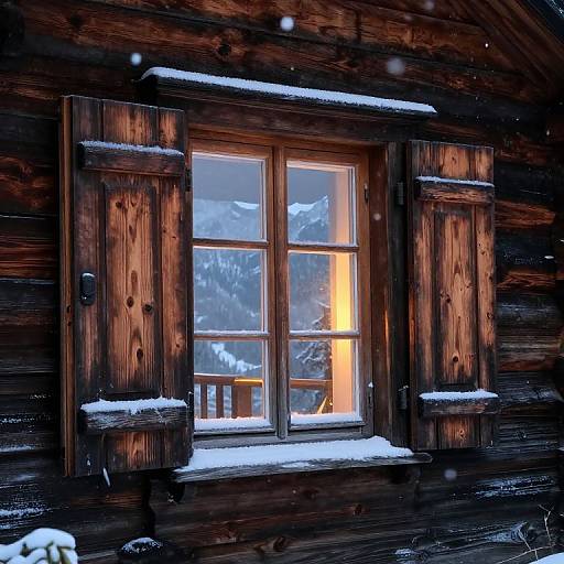 Photograph of a snow-covered wooden cabin window with warm light inside, flanked by rustic shutters, showcasing a snowy mountain view.