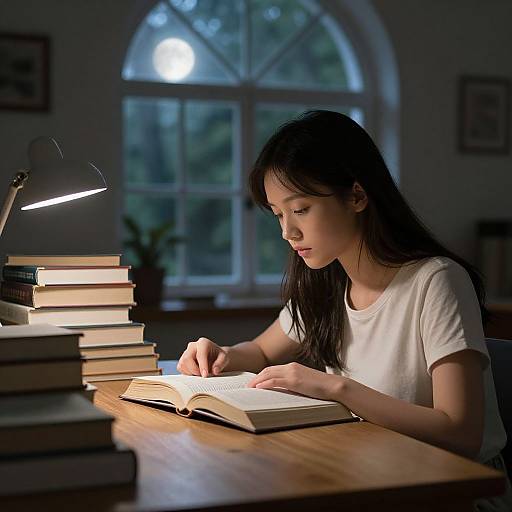 Photograph of an Asian woman with long black hair, wearing a white t-shirt, reading a book under a desk lamp, surrounded by stacked books,