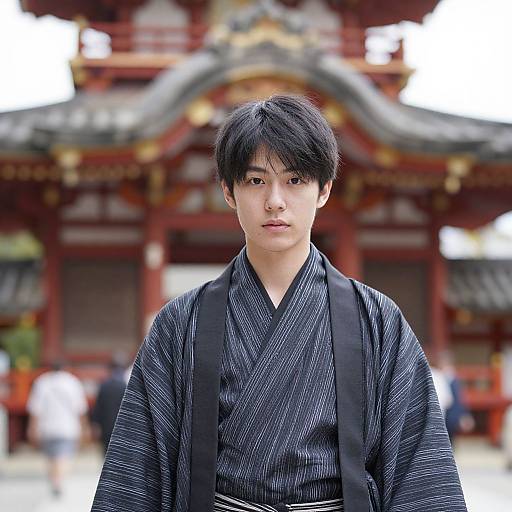 Photograph of an East Asian man in a black patterned kimono with black suspenders, standing in front of a traditional red and gold temple.