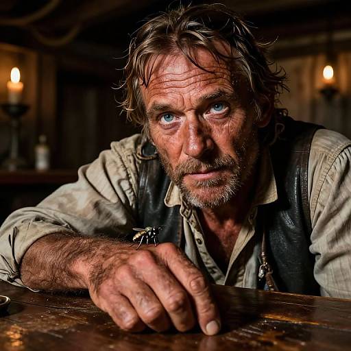 Photograph of a rugged, middle-aged man with disheveled brown hair, blue eyes, and a beard, leaning on a wooden bar in a