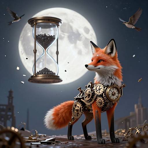 Digital art of a fox with clockwork gears, standing before a glowing full moon, with an hourglass floating above and birds flying. Steampunk