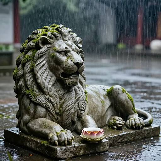 Photograph of a moss-covered stone lion statue lying on a wet, rainy pavement, with a pink lotus flower at its side.