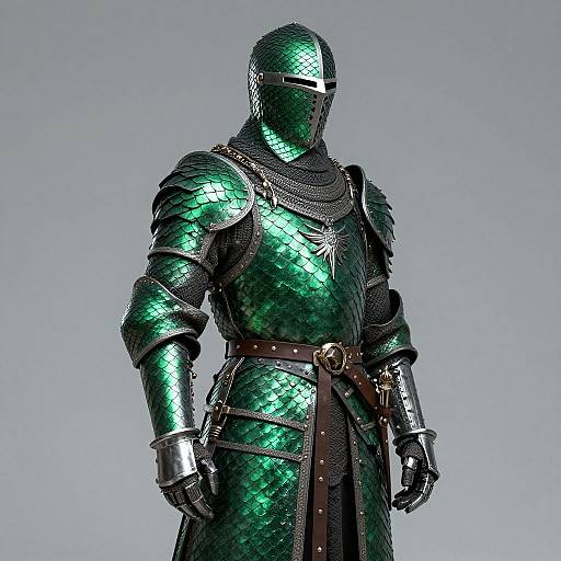 Photograph of a faceless, full-body armored figure in shiny, green, scale-patterned armor with black leather accents, metal gauntlets,