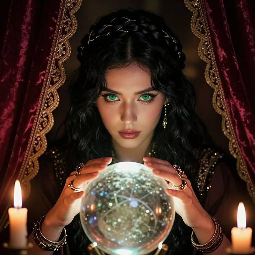 Photograph-style digital art: Dark-haired woman with vibrant green eyes holds a glowing crystal ball, surrounded by candles, lace curtains, and intricate jewelry,