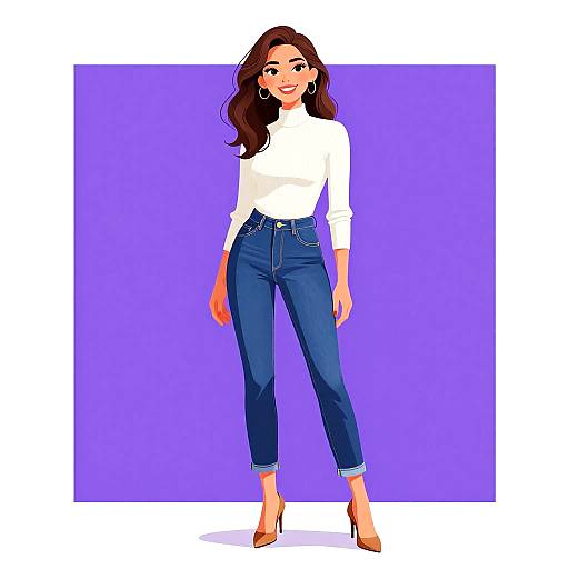 Digital illustration of a smiling woman with long brown hair, wearing a white turtleneck, blue high-waisted jeans, and beige heels, set