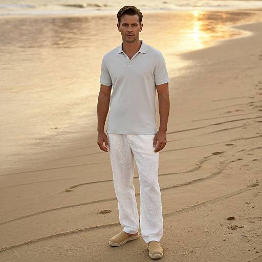 Photograph of a handsome man with short dark hair, wearing a white polo shirt, white pants, and beige loafers, standing on a golden sandy